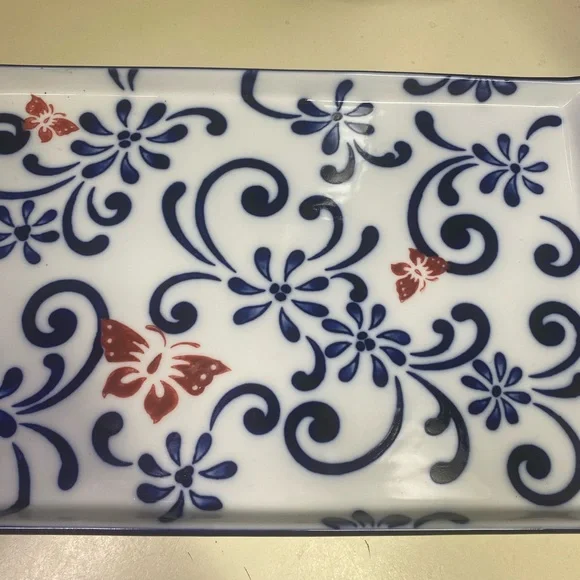 Pier 1 Butterfly Blossom Hand Painted Glass Porcelain Serving Tray Platter - Picture 4 of 11